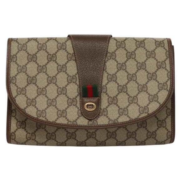 GUCCI GG Supreme Web Sherry Line Clutch Bag PVC Beige - Picture 12 of 16